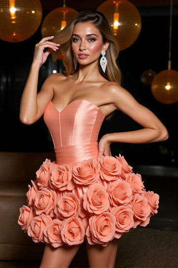 Orange Strapless Satin A Line Short Party Dress With 3D Flowers
